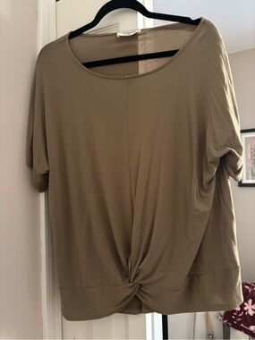 Zenana Outfitters Olive Tan Twist-Front Short Sleeve Top
